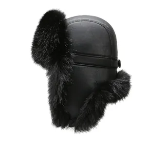 Winter black PU leather trapper hat with thick faux fur lining for windproof protection