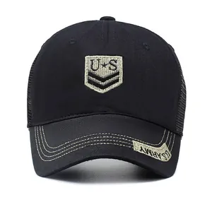 Black mesh back baseball cap with US shield embroidery and stitching on the brim