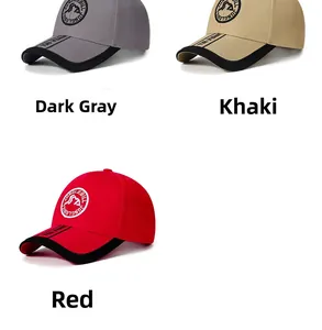 Three outdoor baseball caps in dark grey, khaki and red with mountain logo embroidery