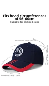 Detailed size chart for navy baseball cap showing adjustable 56-60cm circumference and brim