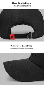 Detail view of the adjustable metal buckle and breathable knit fabric on a black baseball cap