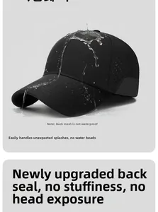 Close-up of waterproof black baseball cap fabric showing water beads and laser-cut holes