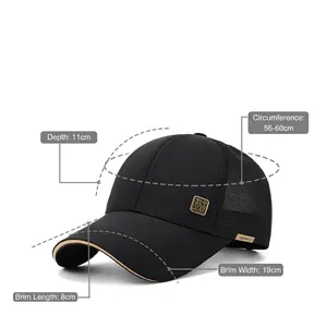 Size chart for black breathable mesh baseball cap with Chinese metal label and measurements