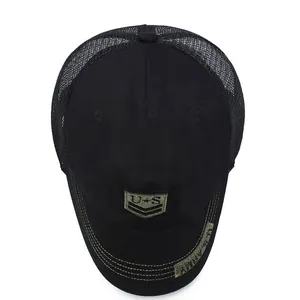 Tactical mesh trucker hat in black featuring US star patch and US ARMY brim embroidery