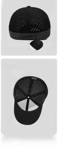 Detail of black breathable sports cap with laser-cut ventilation holes and elastic closure