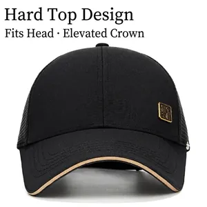 High-quality black baseball cap with golden metal logo and mesh back for sun protection