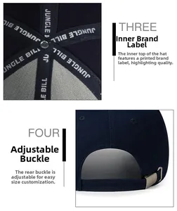 Detail of baseball cap showing JUNGLE BILL branded inner tape and adjustable metal buckle