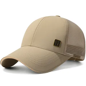 Khaki mesh baseball cap with metal emblem and breathable back for outdoor sun protection