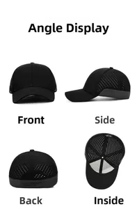 Multi-angle view of black perforated baseball cap with Jungle Bill logo and mesh detail