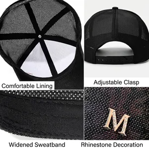 Breathable black mesh baseball cap with metallic M logo and rhinestone details