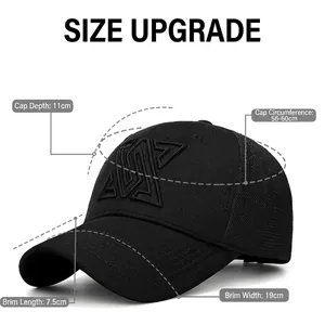Fashionable black mesh baseball cap with 3D geometric embroidery and adjustable size