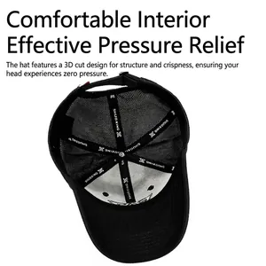 Inside view of a breathable mesh baseball cap with reinforced inner branding tapes