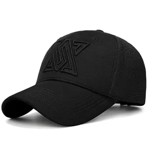 Black mesh back baseball cap with 3D geometric embroidery and a curved stiff brim