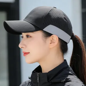 Breathable black outdoor baseball cap with laser-cut holes and grey side panel contrast
