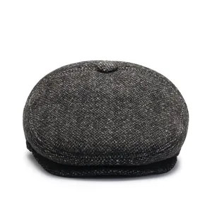 Winter men's herringbone wool ivy cap with ear protection in brown grey tweed