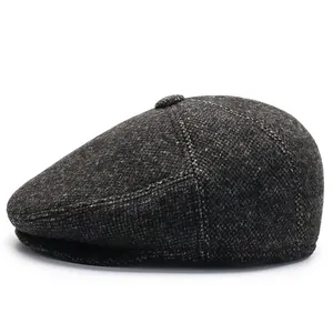 Classic herringbone wool blend flat cap for men with thick thermal fabric and ear flaps