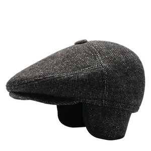 Winter men's thickened wool tweed newsboy hat with ear flaps in brown and grey