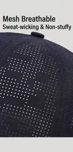 Detalle de cerca de la malla transpirable de secado rápido con perforaciones láser en gorra