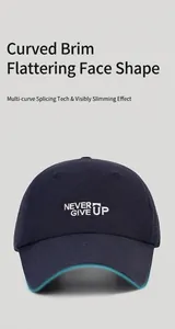 Detalle del bordado blanco NEVER GIVE UP en una gorra de béisbol azul marino