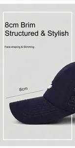 Detalle de gorra de béisbol azul oscuro de secado rápido con visera protectora de 8 cm