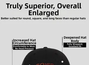 Detail view of large size black baseball cap with deep fit design and red embroidery