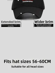 Detail view of baseball cap with wide brim and 56-60cm size embroidery specifications