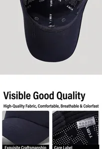 Detalle de gorra de béisbol de poliéster azul marino con orificios y ala pespunteada