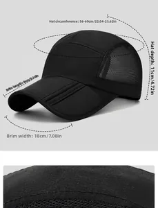 Guide des tailles détaillé de la casquette de sport noire avec dimensions et vue du tissu
