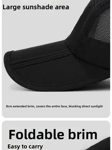 Détail de la visière de 8cm et structure pliable sur casquette de sport noire aérée