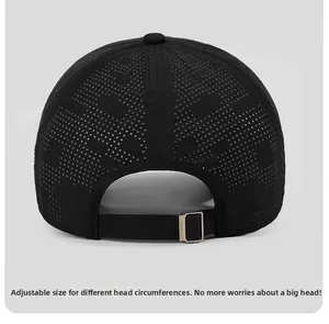Detail of adjustable metal buckle and breathable mesh fabric on black quick-dry baseball cap