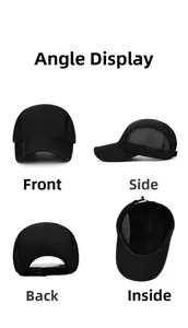 Vues détaillées de la casquette de sport noire à cinq panneaux montrant avant, côté et dos