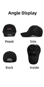 Detailed views of black breathable baseball cap with mesh panels and red letter embroidery