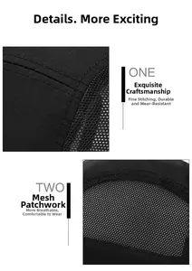 Détails de la casquette de baseball noire montrant les coutures fines et le tissu en mesh