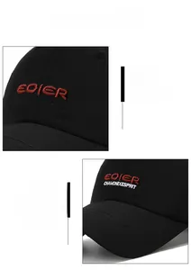 Close-up of black baseball cap featuring red and white letter embroidery and fine stitching