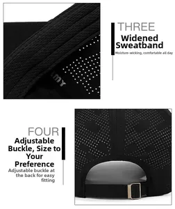 Detail of black mesh baseball cap with wide sweatband and adjustable metal buckle