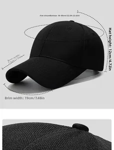 Detailed size chart for black baseball cap showing circumference, depth, and brim length