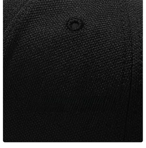 Macro shot of breathable mesh fabric and ventilation eyelet on a black baseball cap