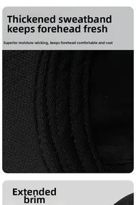 Detail of moisture-wicking sweatband and extended brim on black baseball cap
