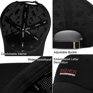 Quick-dry black baseball cap with laser-cut ventilation and premium embroidery