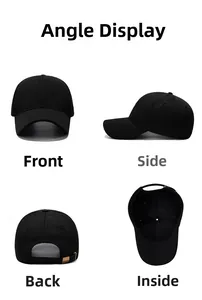 Four views of black baseball cap showing front, side, back buckle and interior detail