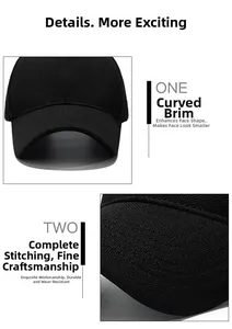 Detail view of the black baseball cap showing the curved brim and precise stitching craft