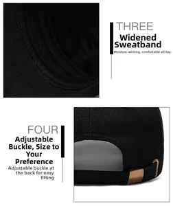 Detail view showing widened sweatband and adjustable metal buckle on black baseball cap