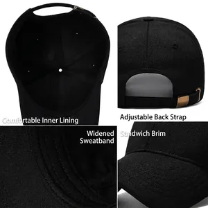 Black baseball cap detail view showing the breathable lining, sweatband and adjustable buckle