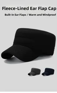 Detail of fleece-lined flat top cap showing built-in ear protection and warm lining