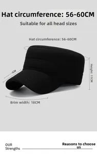 Detailed size specifications for the black flat top wool military cap and winter cadet hat