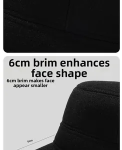 Close-up of wool fabric texture and 6cm brim measurement on black flat top cap