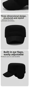 Detail of wool flat top army cap with built-in fold-out earflaps for winter warmth