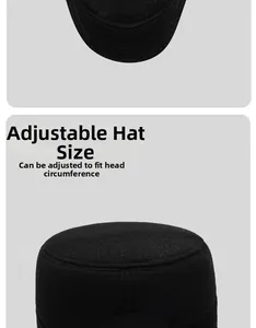 Detail view of the adjustable metal strap buckle on the wool blend flat top hat