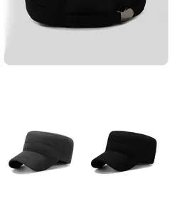 Detail of adjustable metal buckle and stitching on grey and black wool flat caps