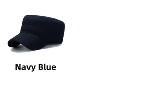 Detailed view of navy blue wool flat top cap featuring reinforced side stitching